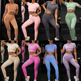 Women seamless yoga set in various colors, fitness active gym attire for exercise and yoga sessions.