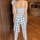 Women Two Piece Sets Summer Short Sleeve featuring a back view of a stylish checkered outfit.