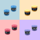 Colorful collection of tennis racket grips in blue, yellow, rose red, and purple, ideal for enhancing grip and control.