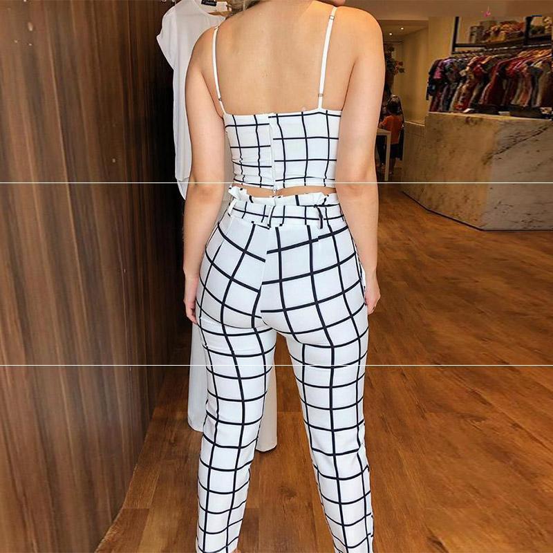 Women Two Piece Sets Summer Short Sleeve featuring a back view of a stylish checkered outfit.